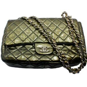 2008 Chanel Classic Jumbo Quilted Patent Leather Rare Olive Green Handbag Purse​